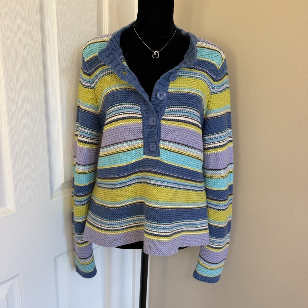 Liz Claiborne Colorful Striped Knit Sweater Half Button Top Y2K Casual Fun Cabin